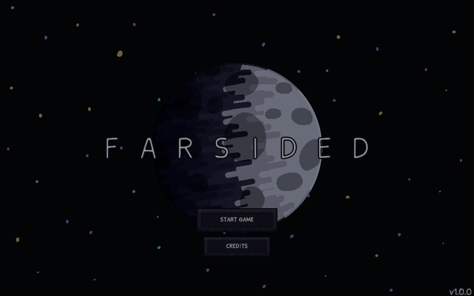 Farsided title screen: a large Moon over a dark starry background with the game name in bright white letters